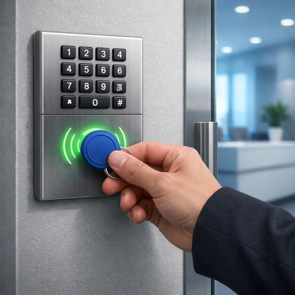 Modern office access control system with proximity fob for secure business entry in Wiltshire.