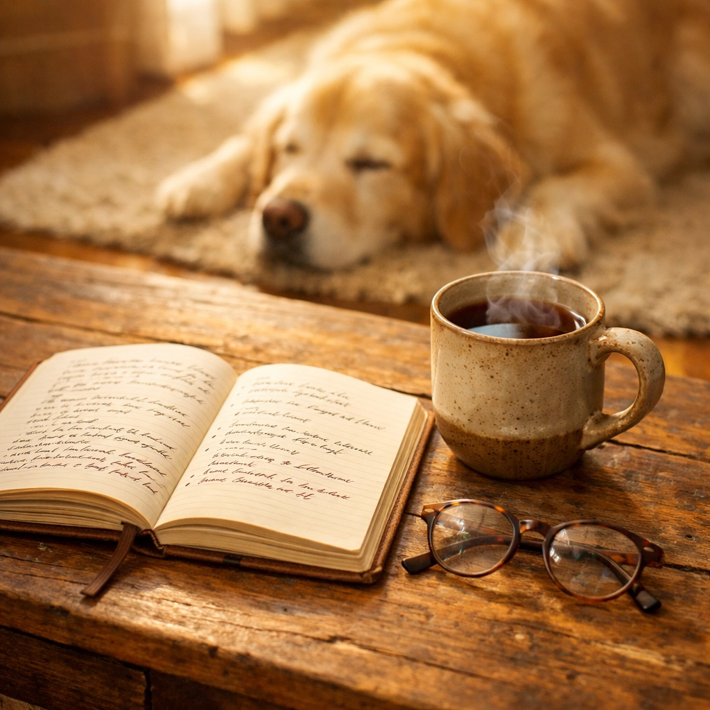 A person using a dog cancer journal to track symptoms while a Golden Retriever rests peacefully nearby.