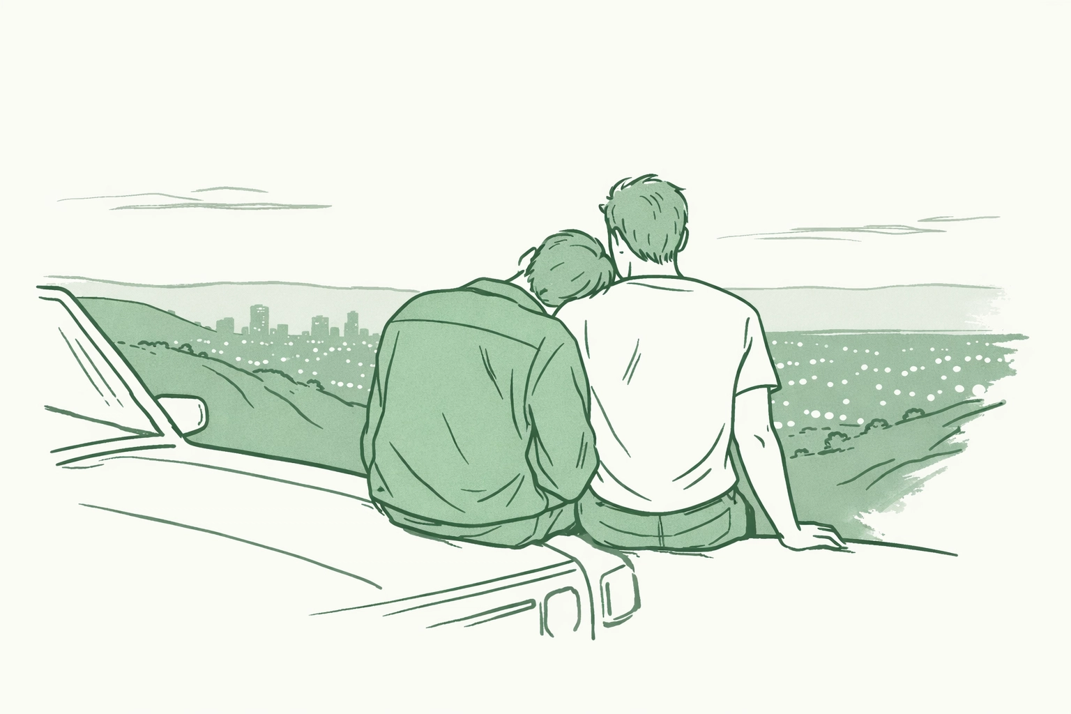 Gay couple sharing quiet moment on car overlooking city skyline at dusk