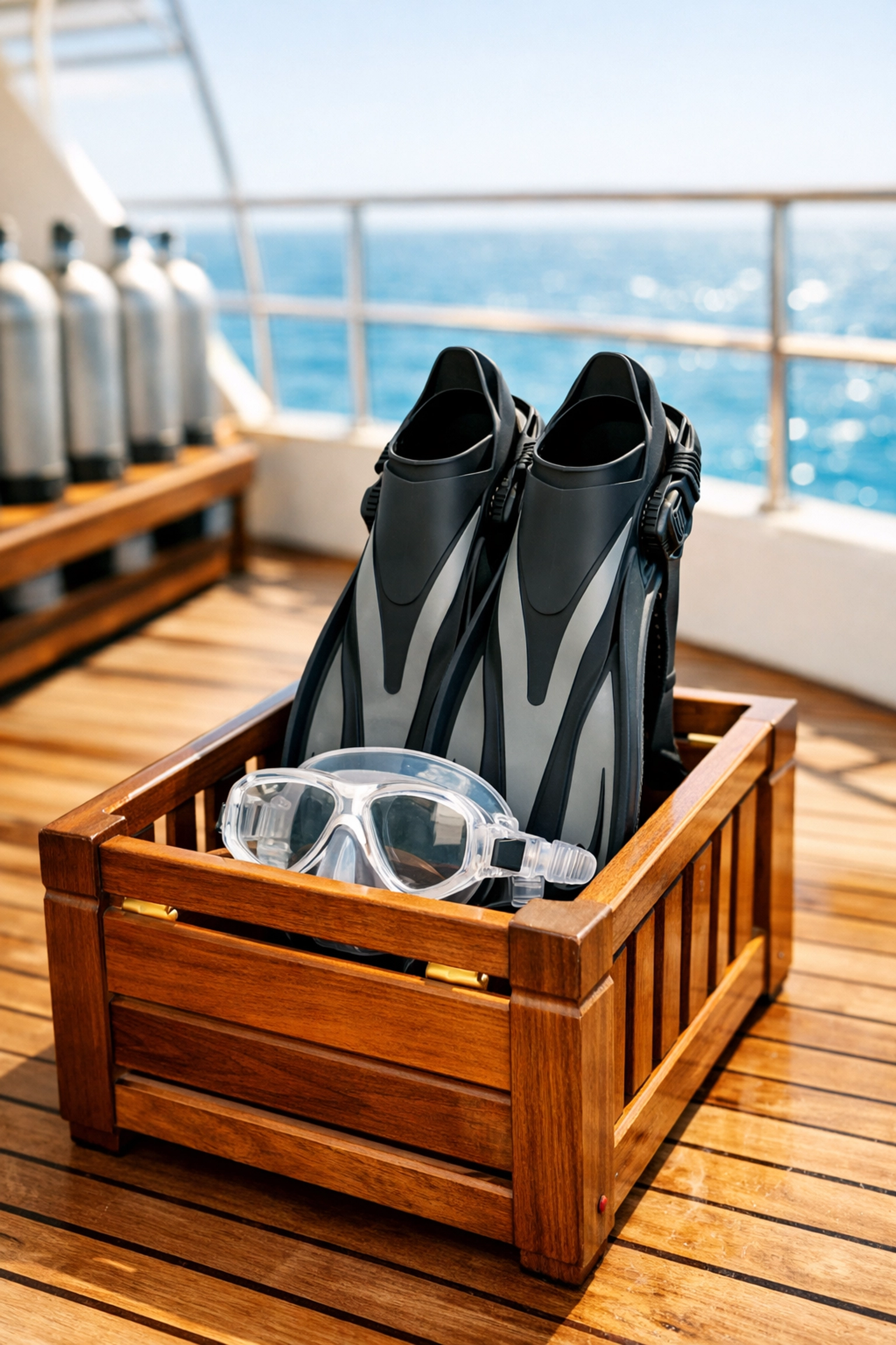 Professional diving gear neatly organized in a teak crate on a luxury liveaboard dive deck.