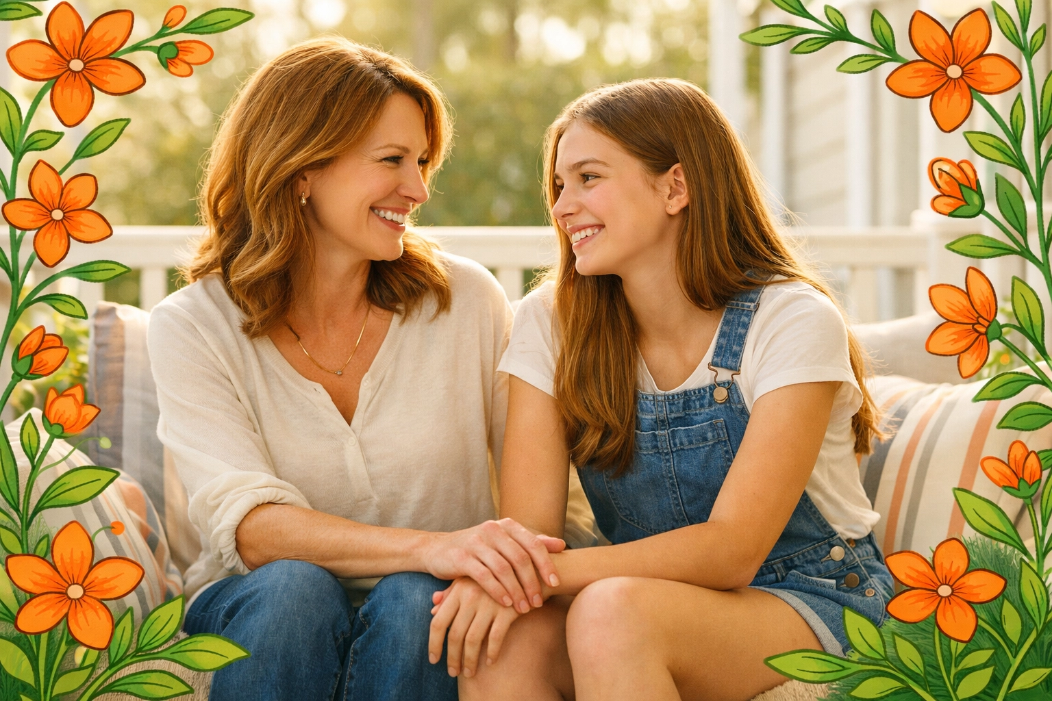 Mother and daughter discussing faith-based life skills and emotional intelligence on a sunlit porch.