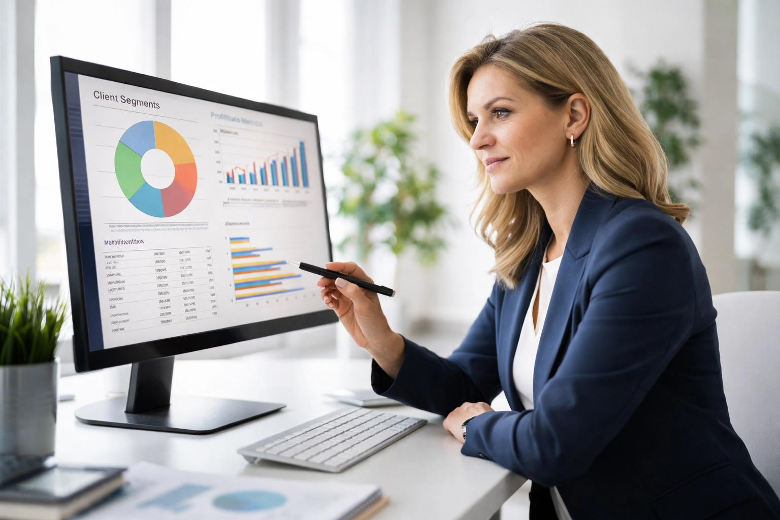 Confident female business coach analyzes financial data and client segments to find her most profitable coaching niche.