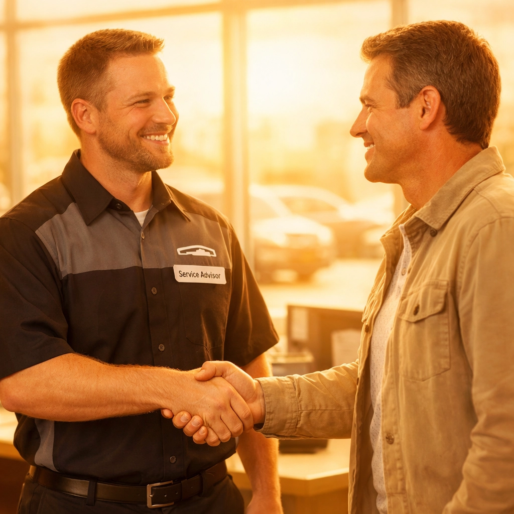 Customer shaking hands with an honest auto advisor after negotiating a used car deal in Brooklyn.