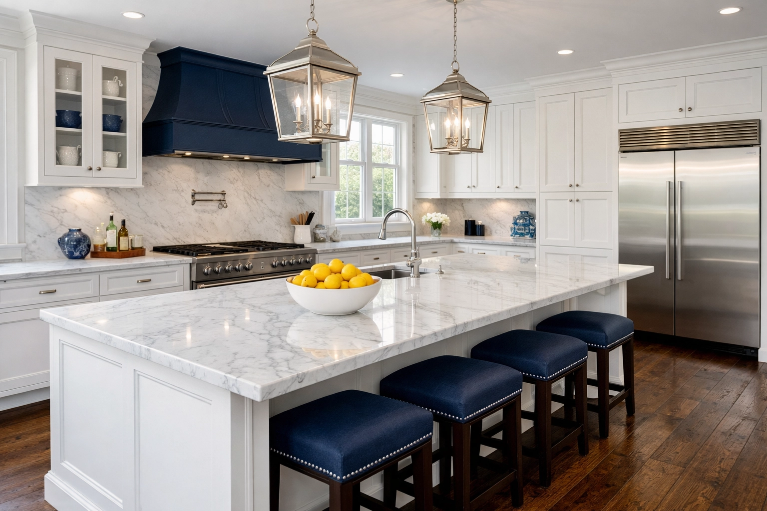 Immaculate Dover kitchen with marble countertops following a luxury residential cleaning Massachusetts service.