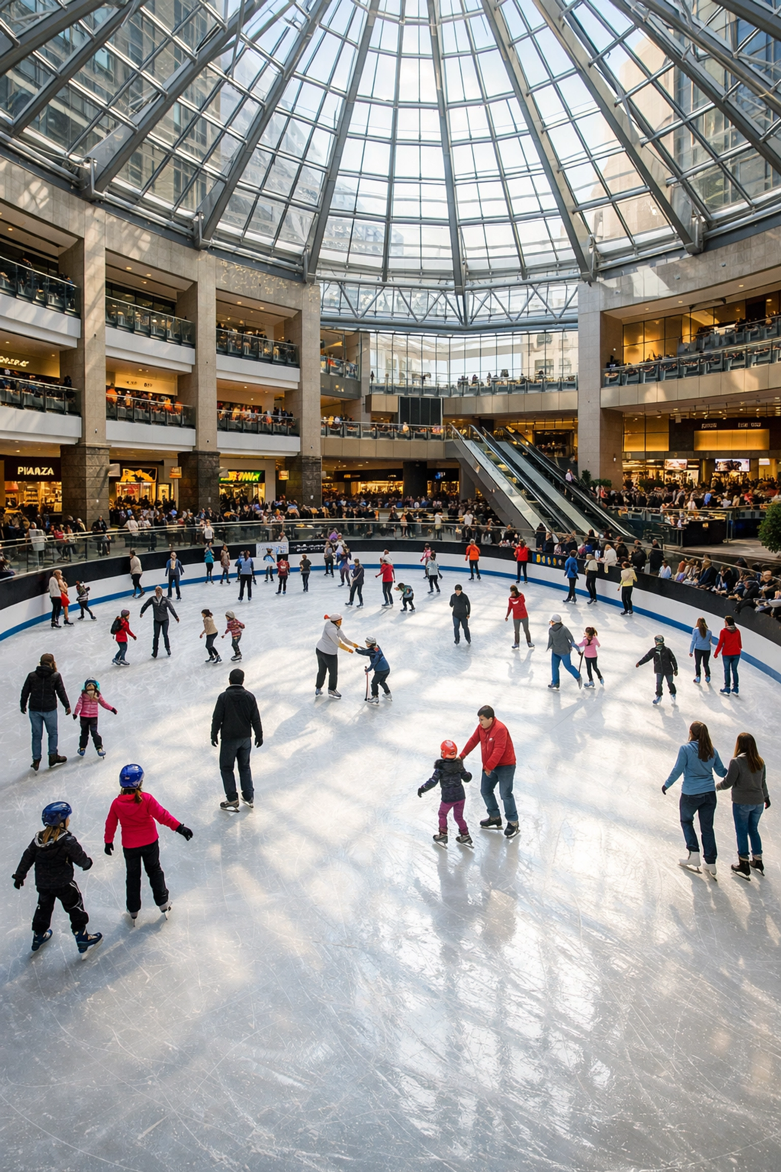 People skating at Atrium Le 1000, a massive indoor skating rink in downtown Montreal under a glass skylight.