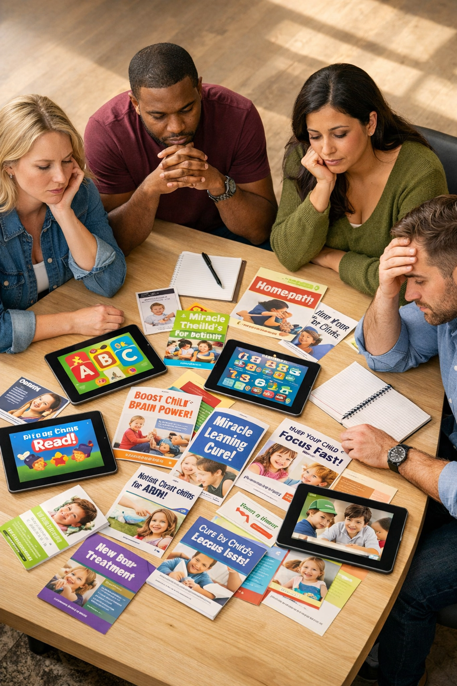 Ouders bekijken educatieve apps en brochures over snelle oplossingen voor leerproblemen