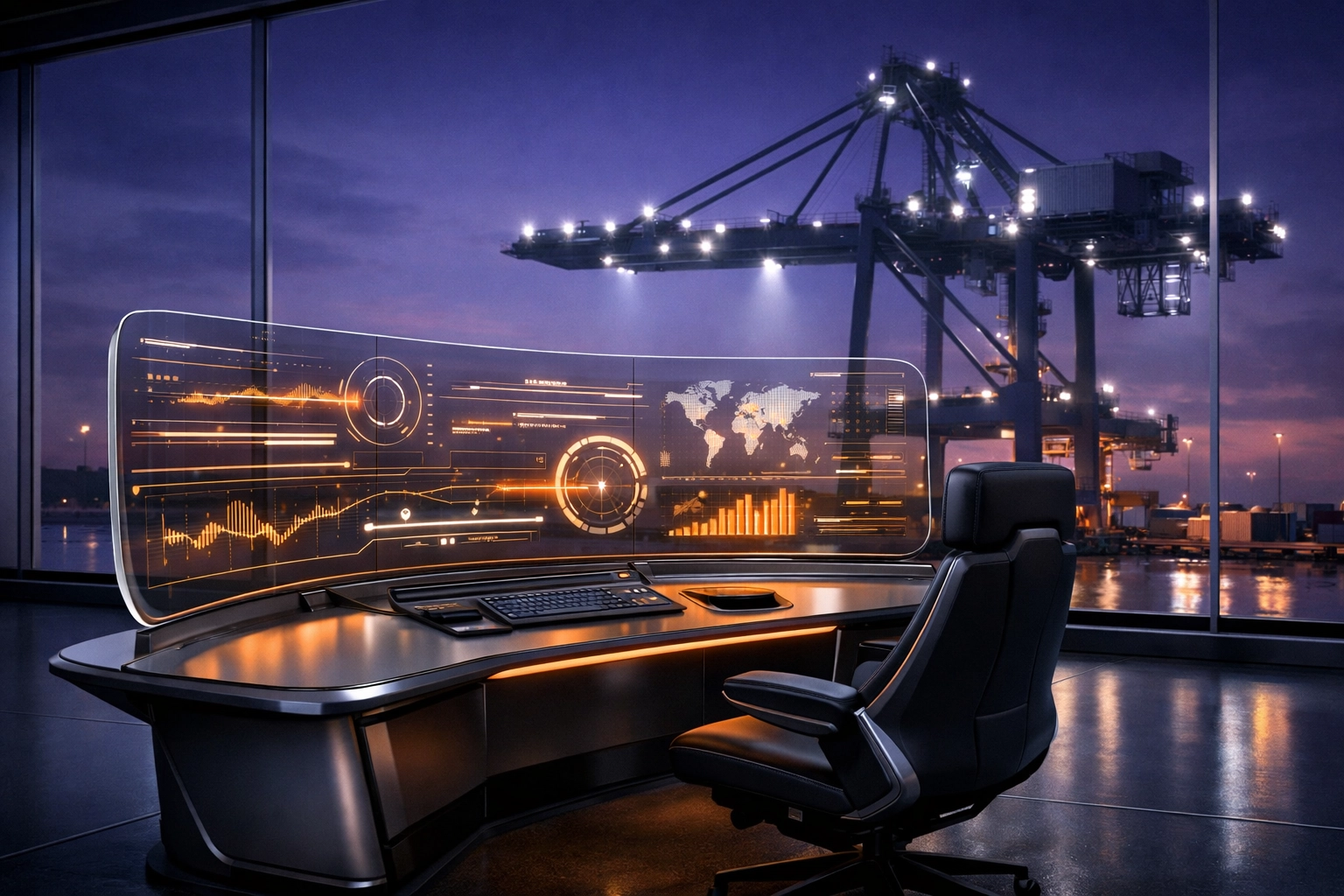 Remote operations command center with digital interfaces managing automated industrial cranes for energy production.