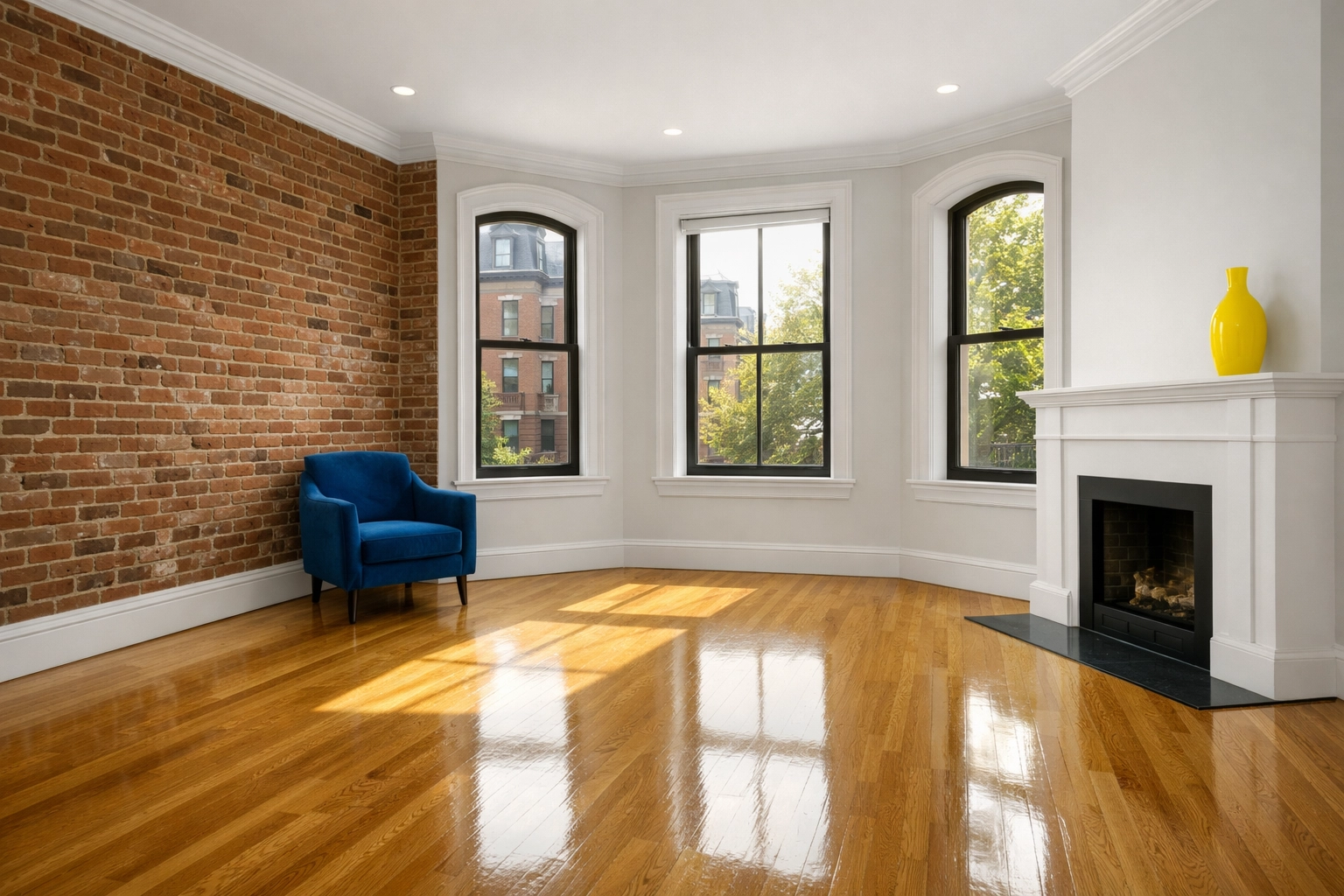 Spotless Boston brownstone apartment with hardwood floors, ready for move-in after a professional turnover.
