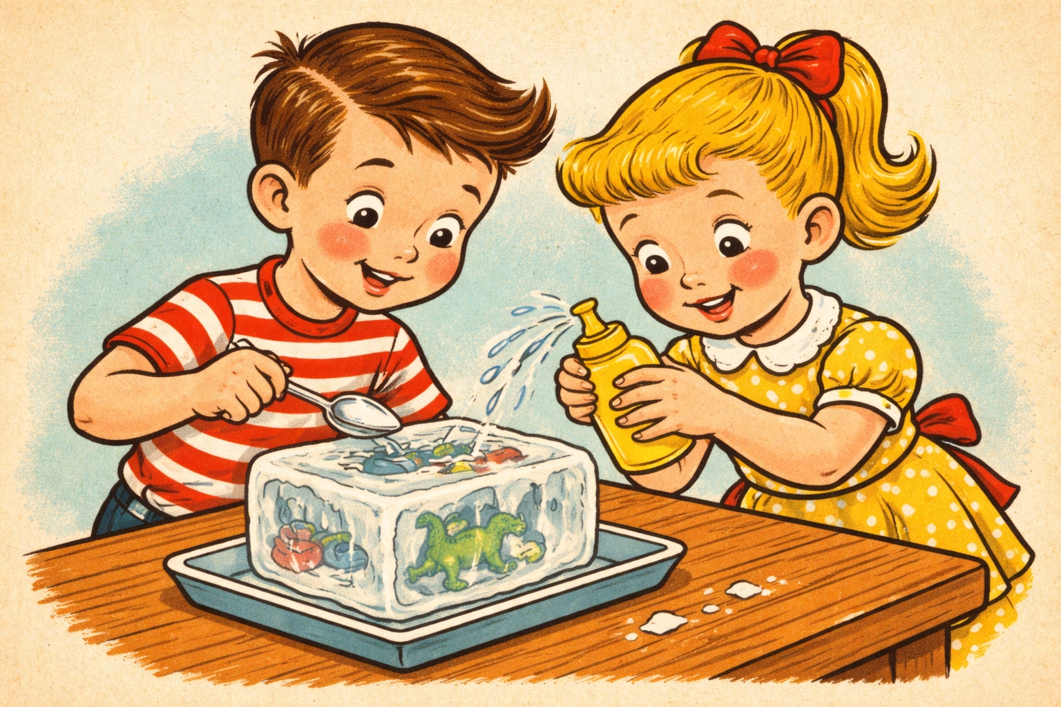 Rounded ice block on towel, filled with visible frozen toys and treasures, ready for kids to excavate