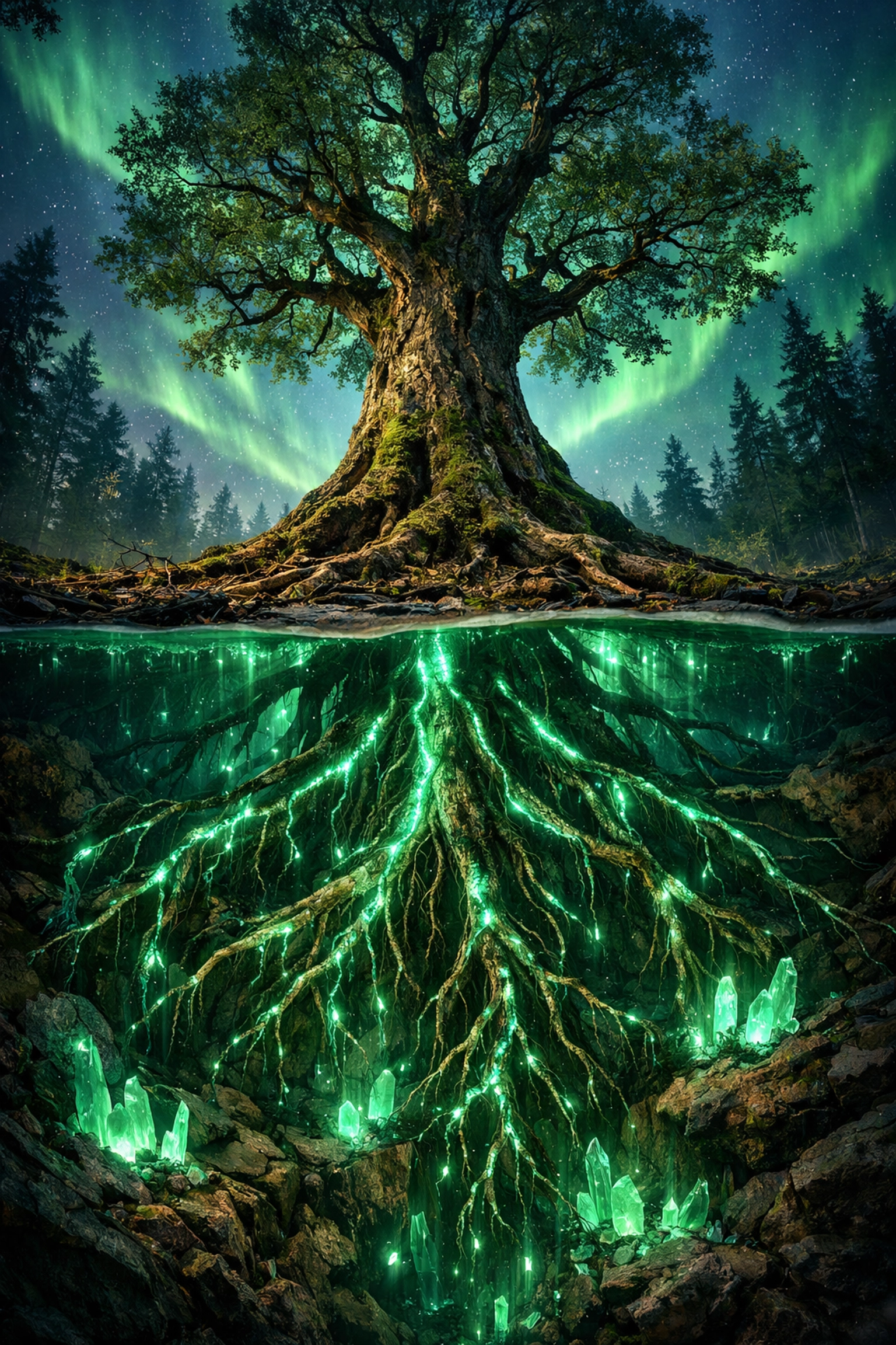 Glowing tree roots symbolizing grounding techniques to stay calm and be more peaceful.
