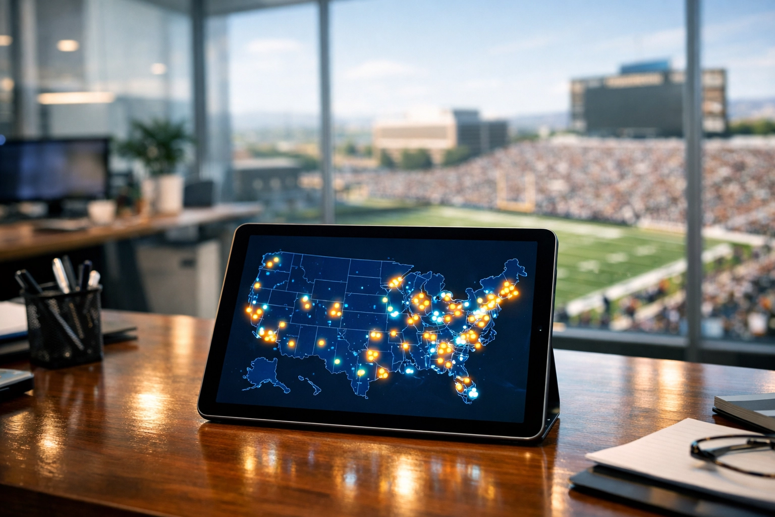 Digital dashboard on a tablet showing real-time NIL campaign tracking data across US university hubs.