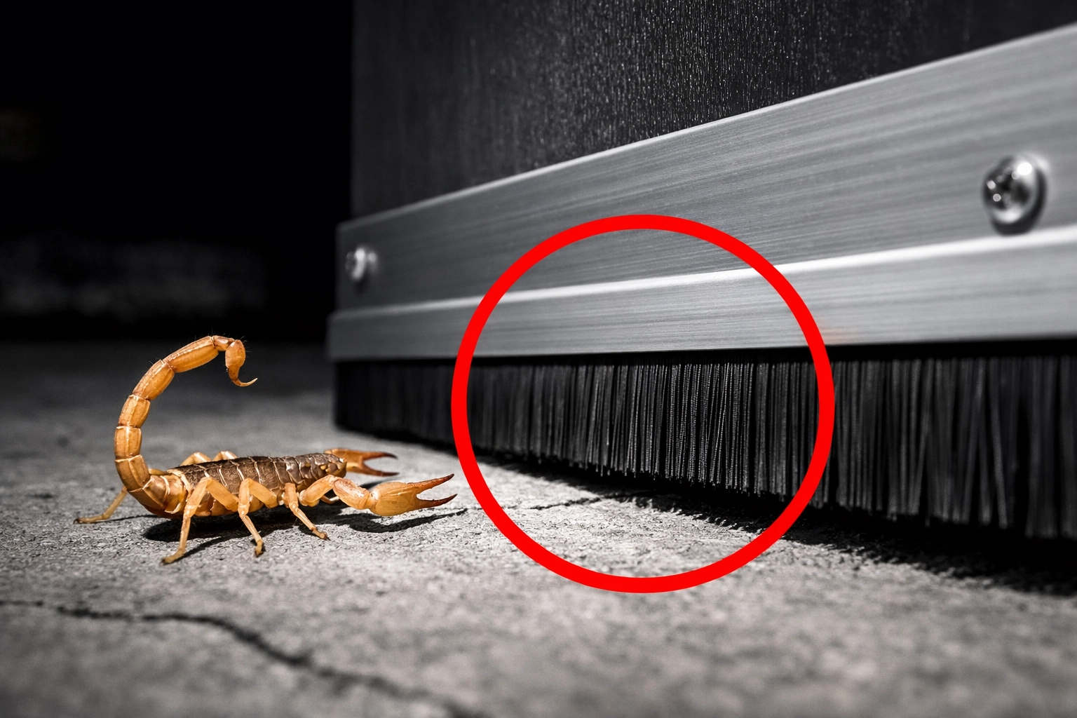Heavy-duty door sweep preventing an Arizona bark scorpion from entering a residence.