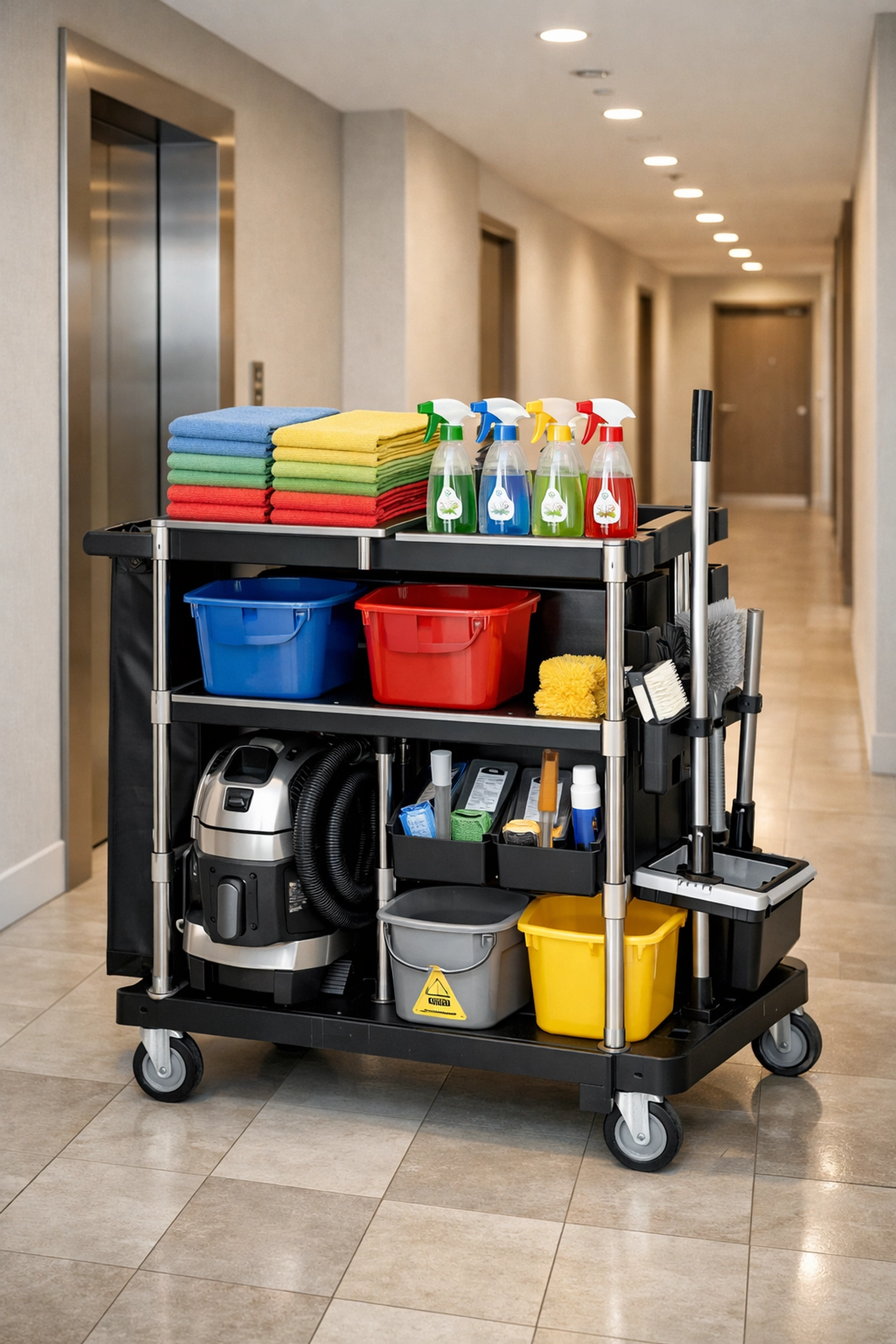 Professional cleaning cart in a modern residential hallway illustrating multi-unit building maintenance.