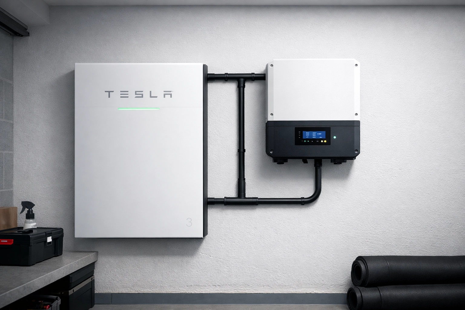 Tesla Powerwall 3 and solar inverter professionally installed in a clean UK home utility room.