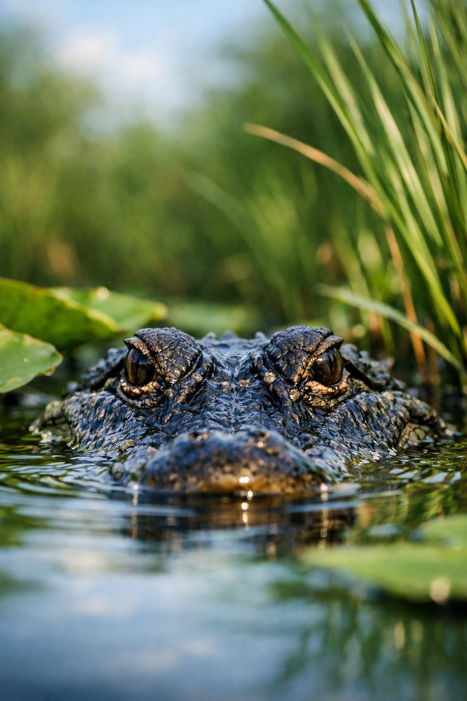 Low-angle wildlife photography of an American alligator in the Florida Everglades wetlands.