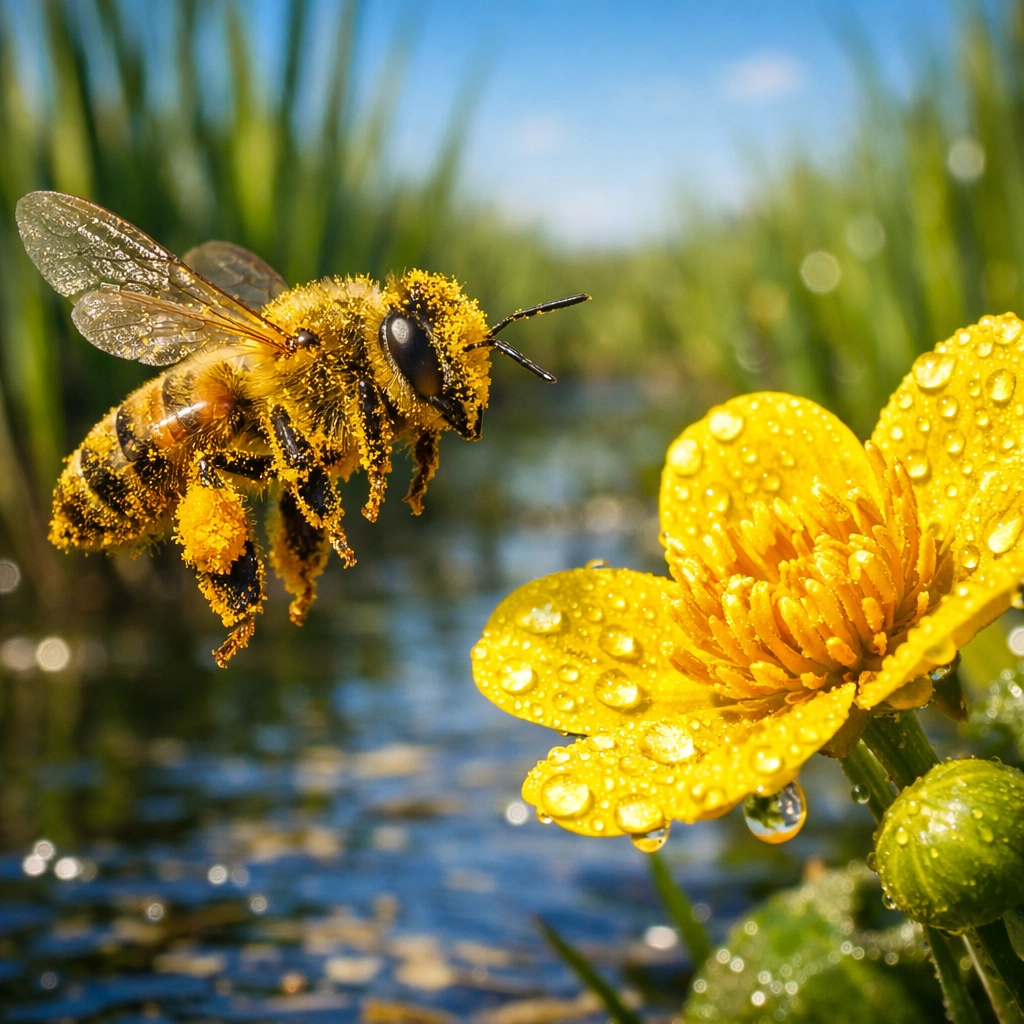 Honeybee on a yellow wetland flower highlighting the importance of pollinators in biodiversity trends.
