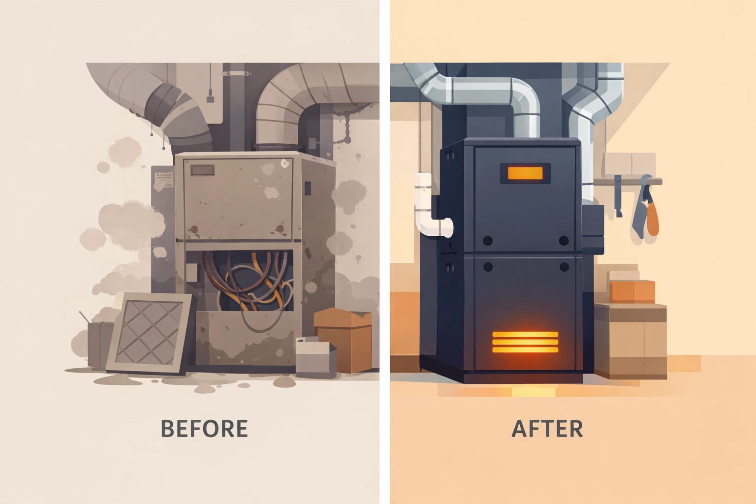 Before and after comparison of an HVAC installation showing the value of a contractor photo timeline.