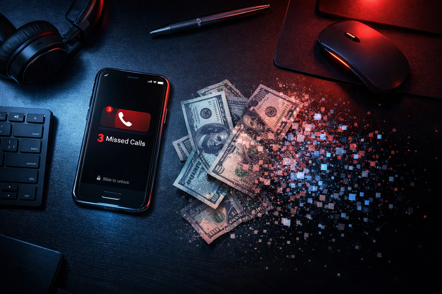 Missed calls and lost revenue from business phone represented by money disappearing
