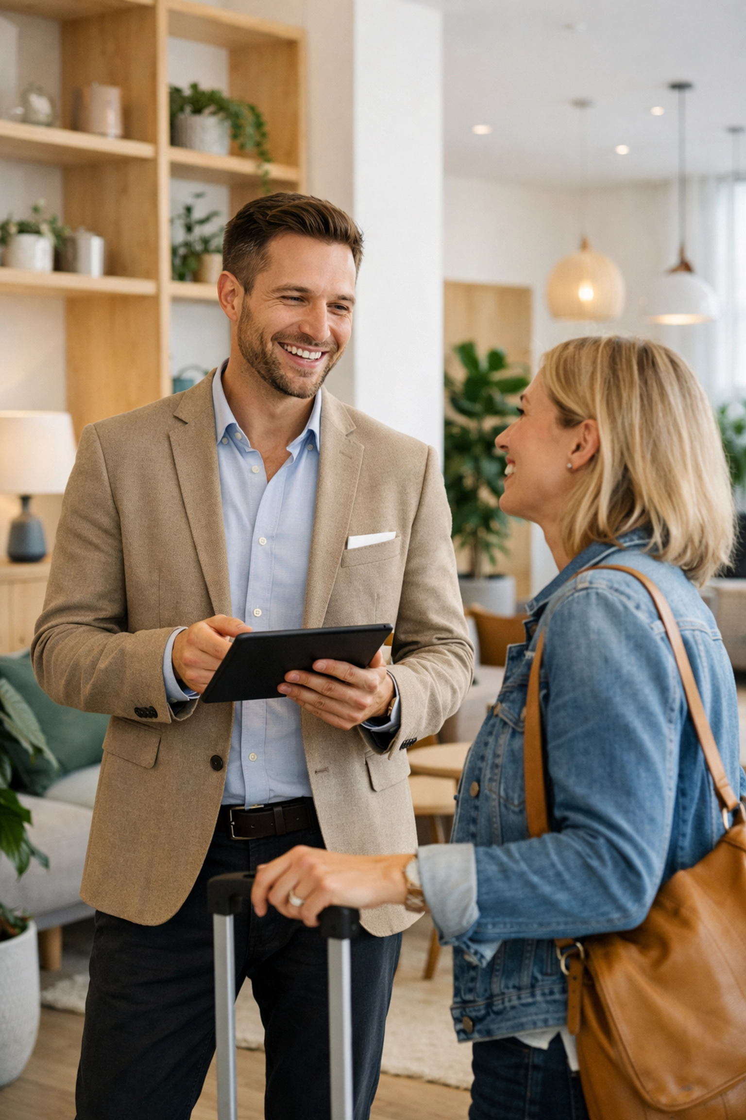 Hotel staff using guest experience technology on a tablet to build personal connections in a modern lobby.