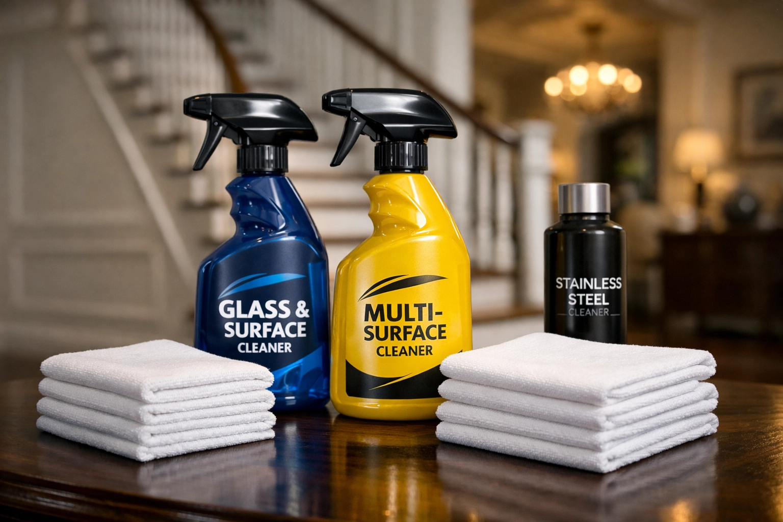Professional house cleaning supplies arranged in a pristine Ayer, MA home foyer.