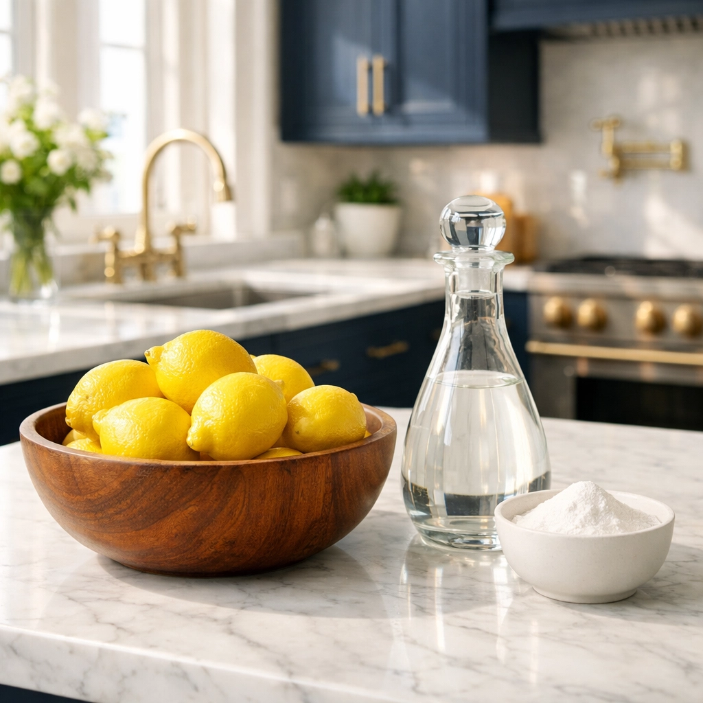 Natural cleaning ingredients like vinegar and lemons for eco-friendly house cleaning in Hingham kitchens.