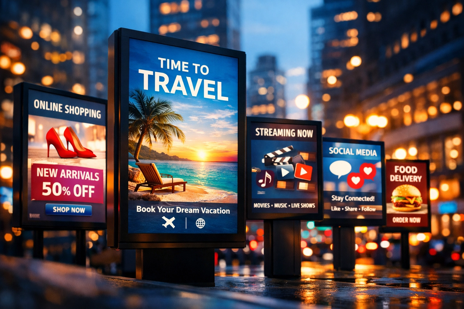 Digital advertising screens showing AI-targeted campaign content across platforms