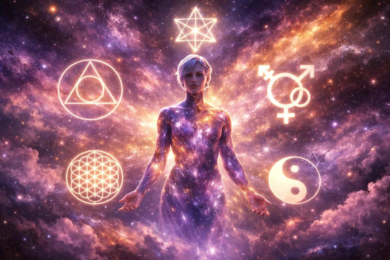 Celestial non-binary figure reflecting the science of gender and queer spirituality in the universe.