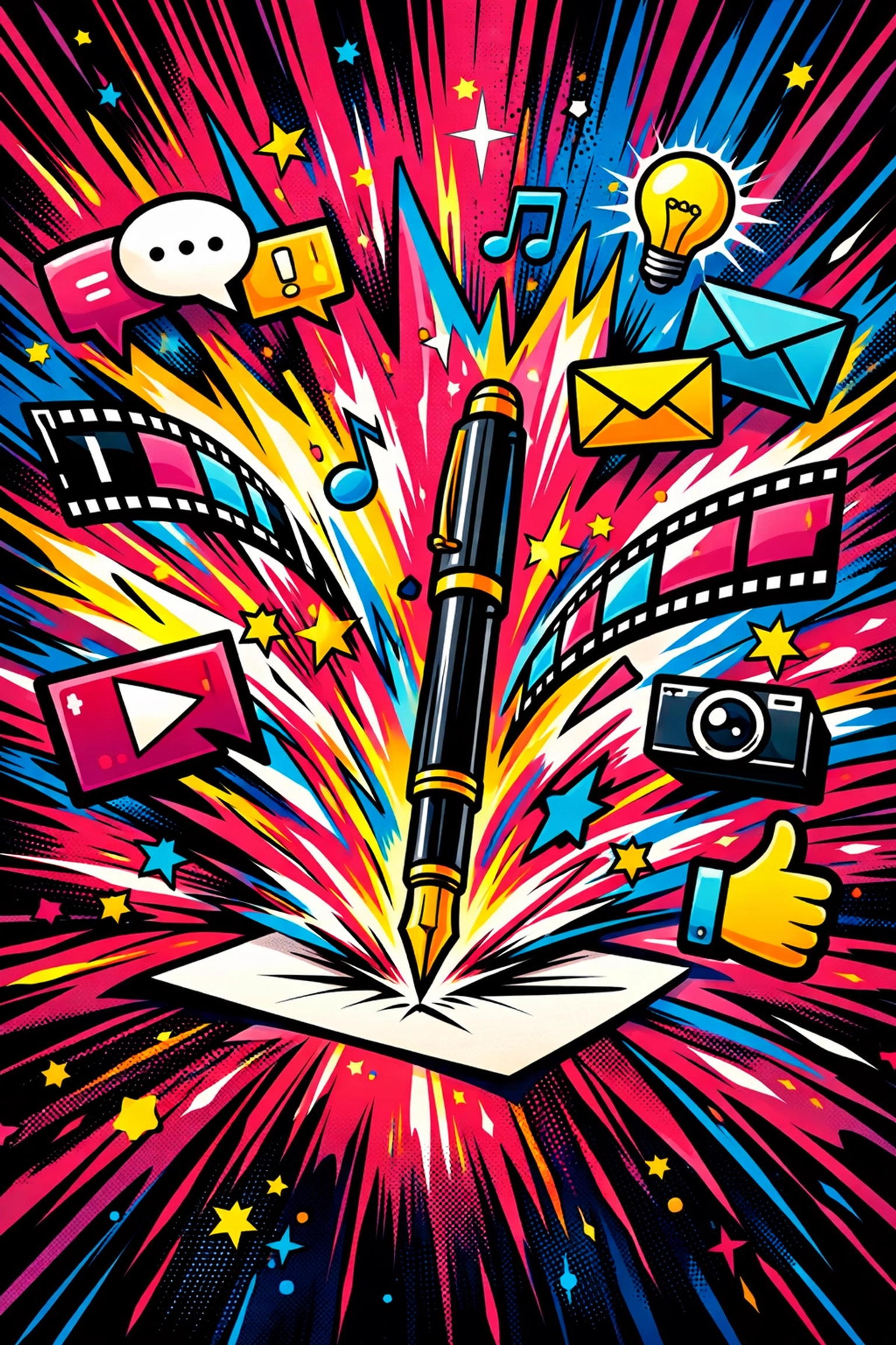 A creative explosion showing an AI content generator for small business multiplying marketing ideas.