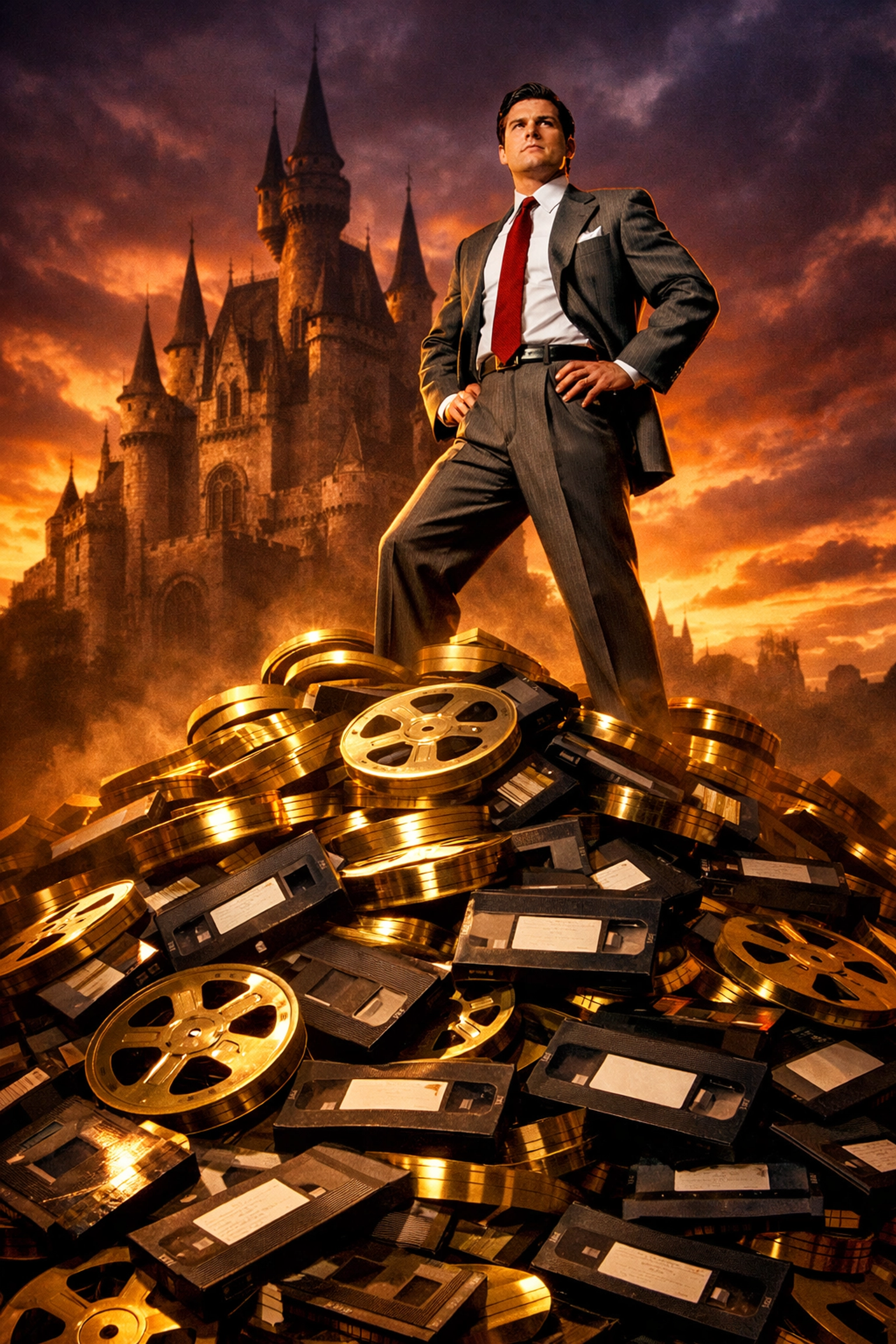 1980s corporate executive standing on film reels representing the Disney CEO pay gap and stock options.