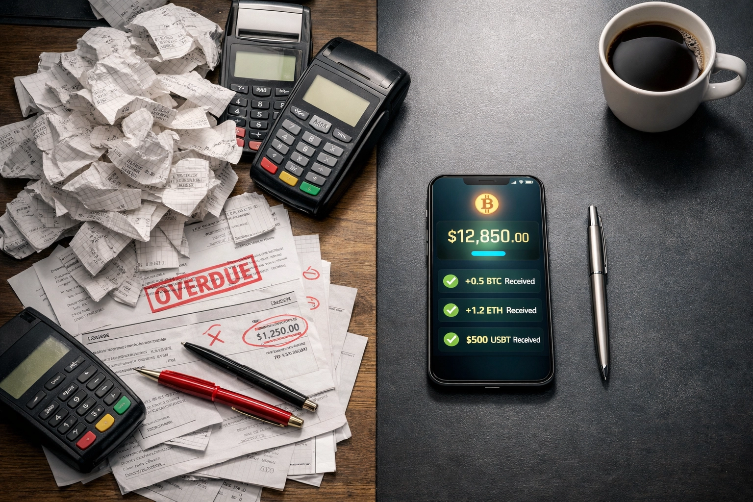 Traditional payment receipts versus crypto wallet showing merchant fee reduction with Larecoin