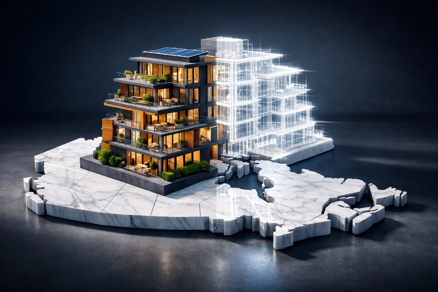 Modern housing development on a map of Canada representing federal budget planning and urban strategy.