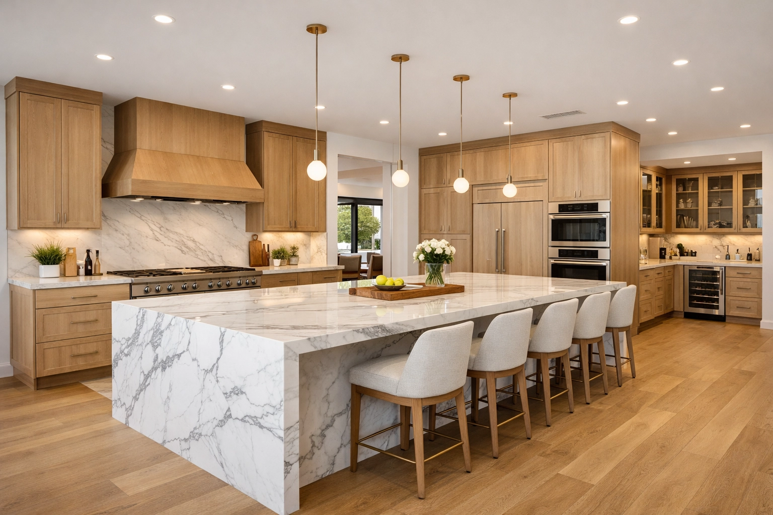 Luxury gourmet kitchen expansion in Gilbert showing energy-efficient lighting and custom design.