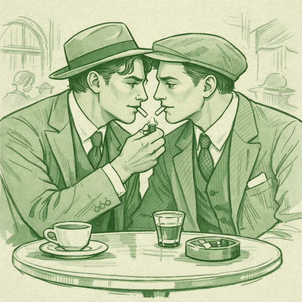 Intimate 1920s illustration of two men sharing a quiet, vintage café moment.