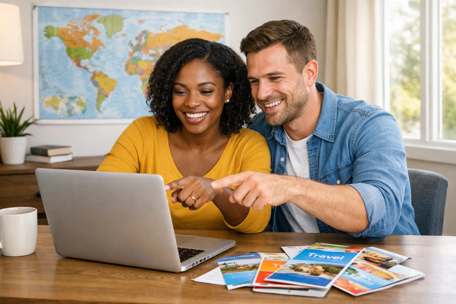 Couple planning 2026 trip together at laptop with world map and travel brochures