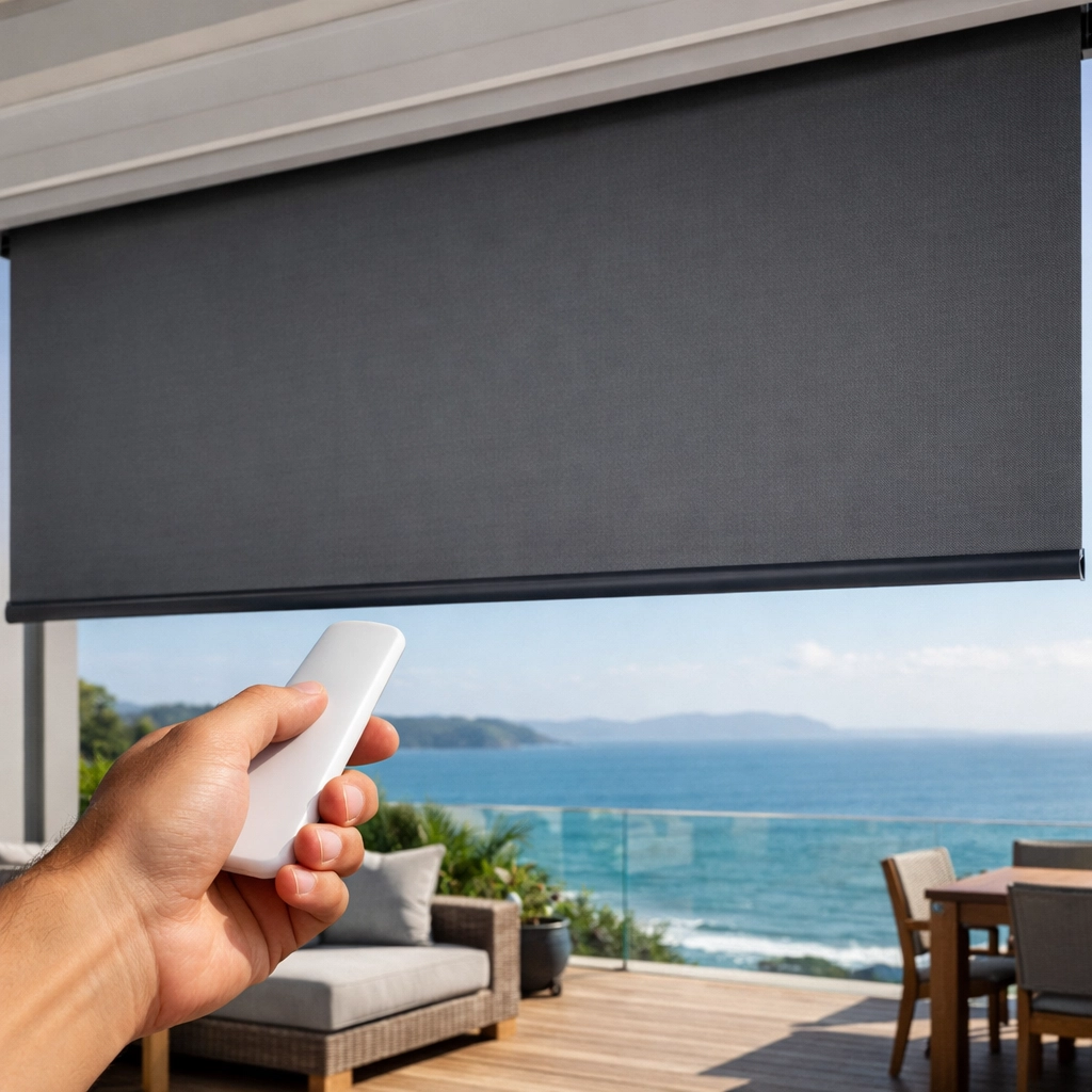 Using a remote control to operate motorized outdoor blinds on a high-end coastal New Zealand deck.