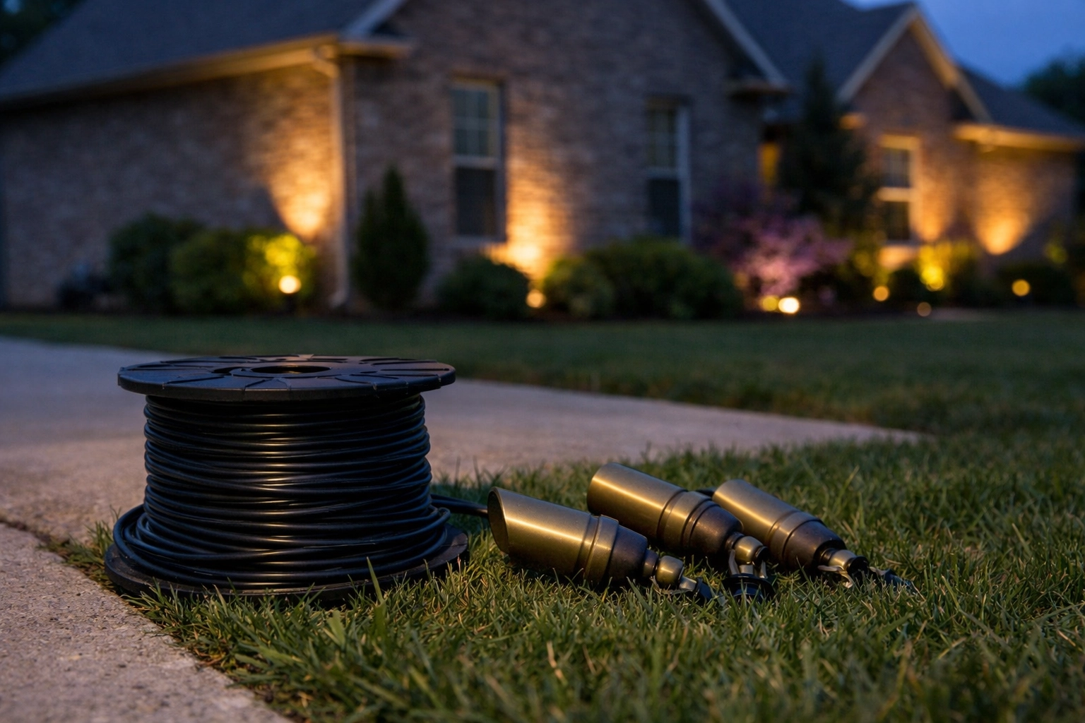 Low-voltage landscape lighting dry run with direct-burial wire and brass fixtures at a Central Kentucky home.