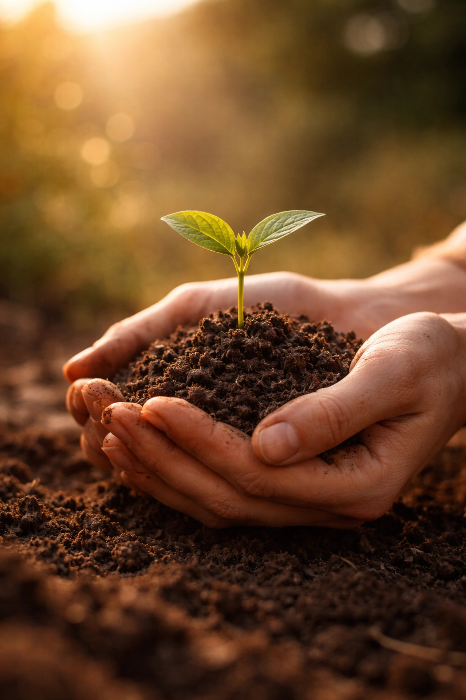 Hands holding a young seedling in rich soil at golden hour, symbolizing waxing moon energy and new beginnings