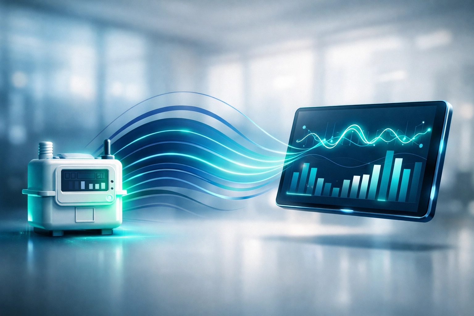 Smart meter technology illustrating digital gas usage data transmission for businesses.