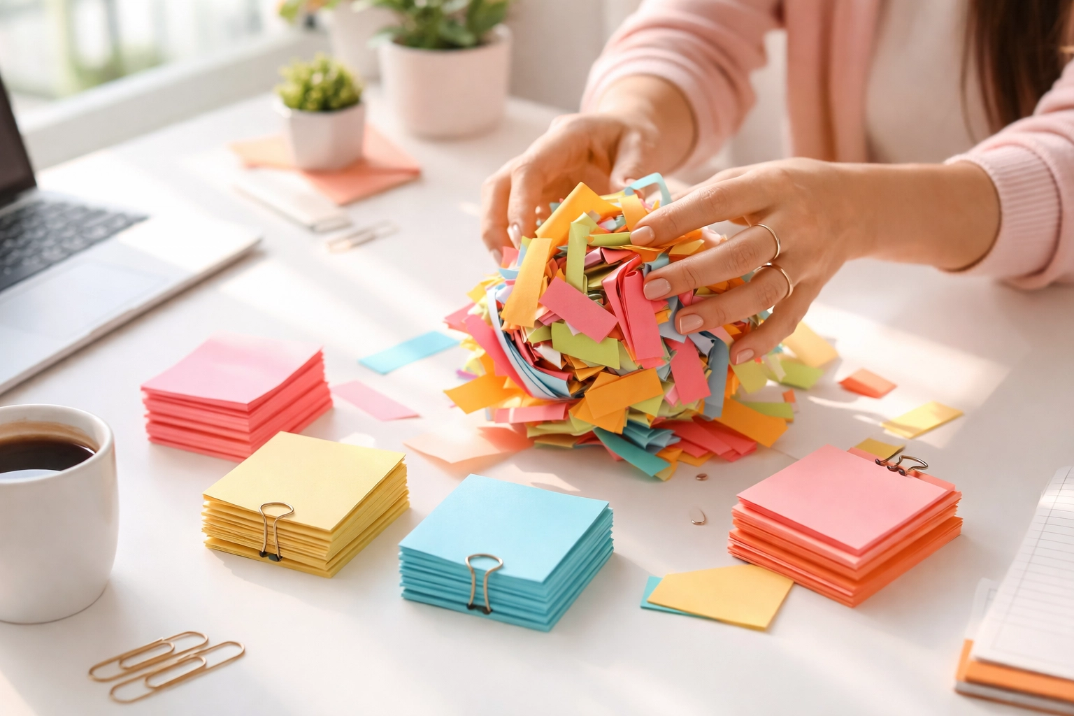 Woman organizing sticky notes on desk symbolizes breaking large tasks into manageable steps with a virtual assistant's help