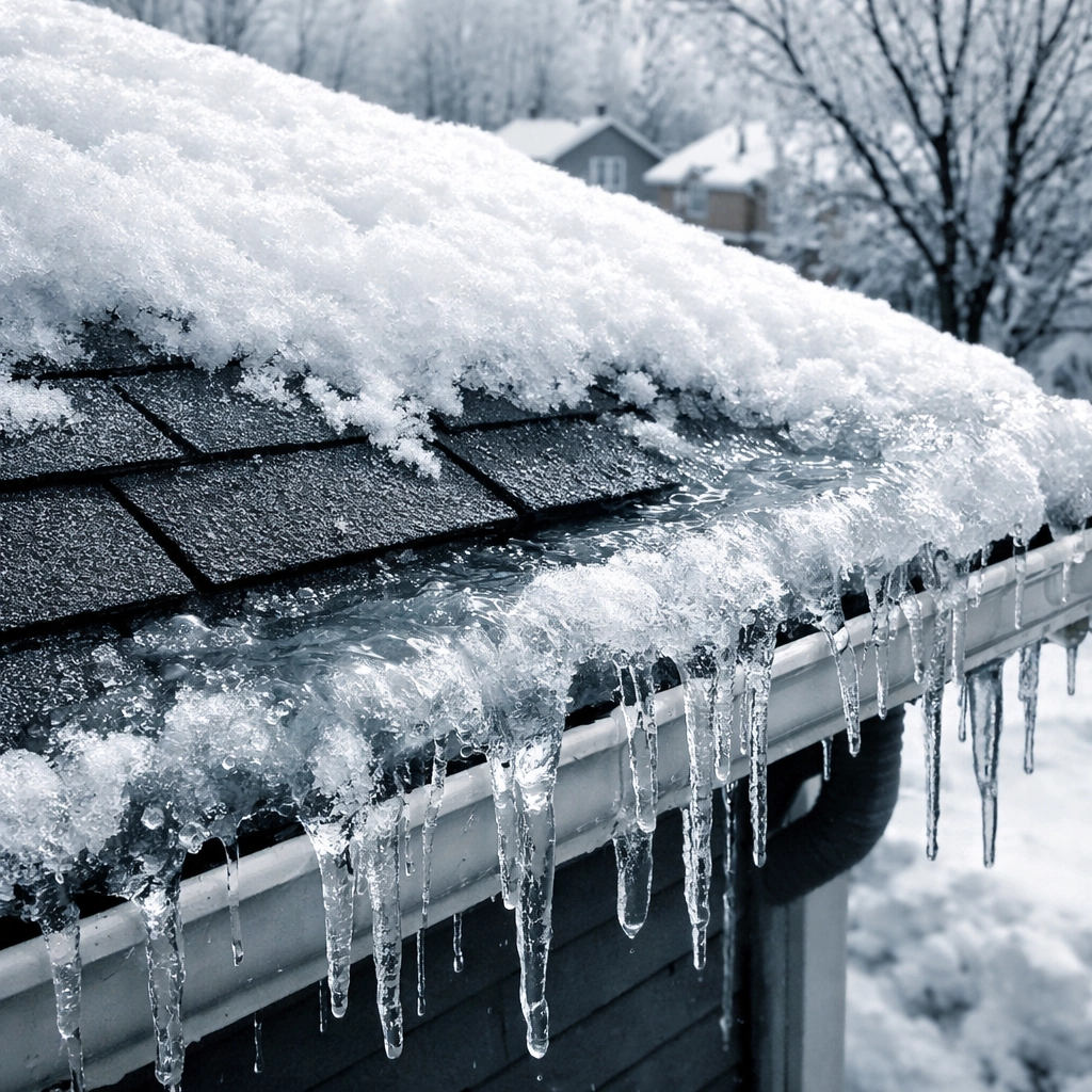 Charlotte roof with ice dam formation and icicles from heavy snowfall blocking drainage
