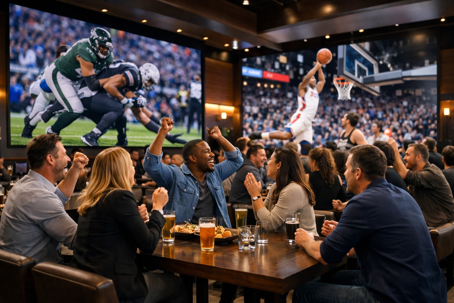 Fans in a modern sports lounge experiencing venue-based advertising on high-definition digital displays.