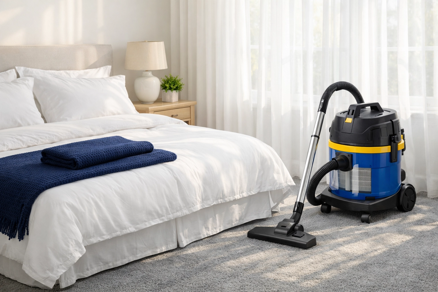 Freshly vacuumed Scituate bedroom showcasing deep cleaning results for a healthier coastal home environment.