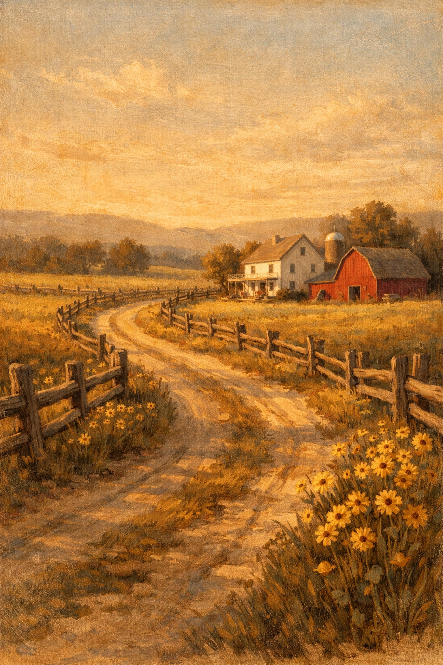 A serene farm lane leading toward a classic red barn and farmhouse at golden hour.