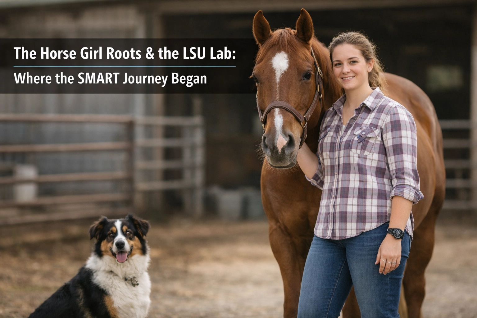 Brittany in graduate school at the LSU Reproductive Biology Center, where she managed the Equine herd. Pictured here with her horse, Thibideaux, and her dog, Boudreaux.