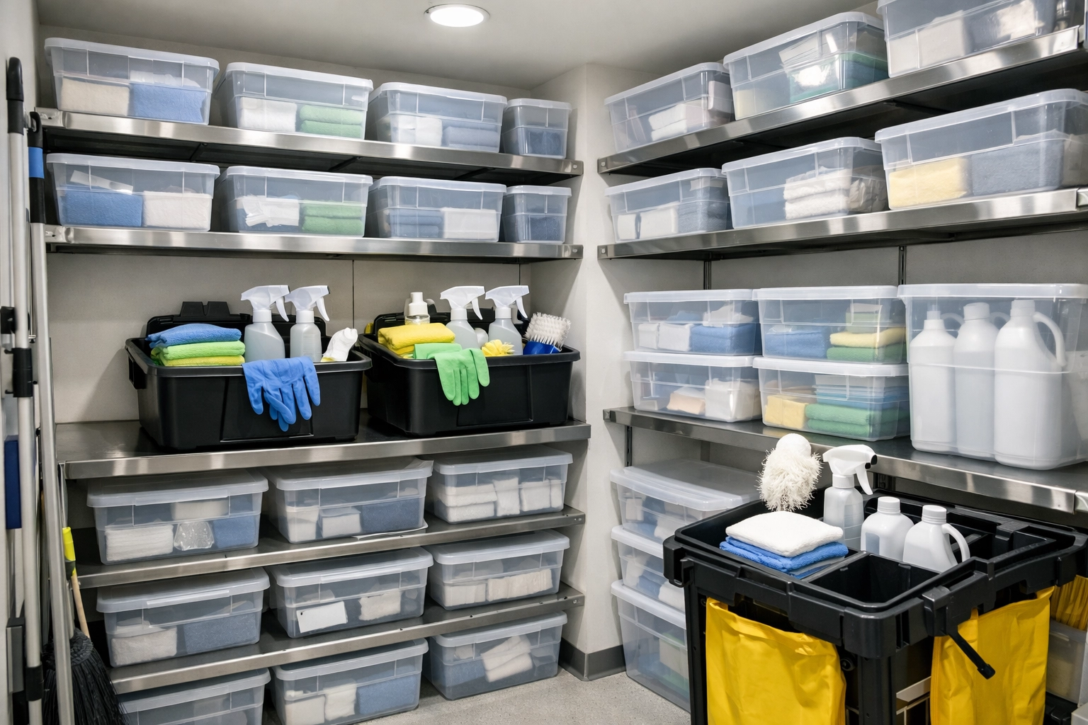 Neatly organized commercial janitor closet with cleaning supply totes and a rolling service cart.