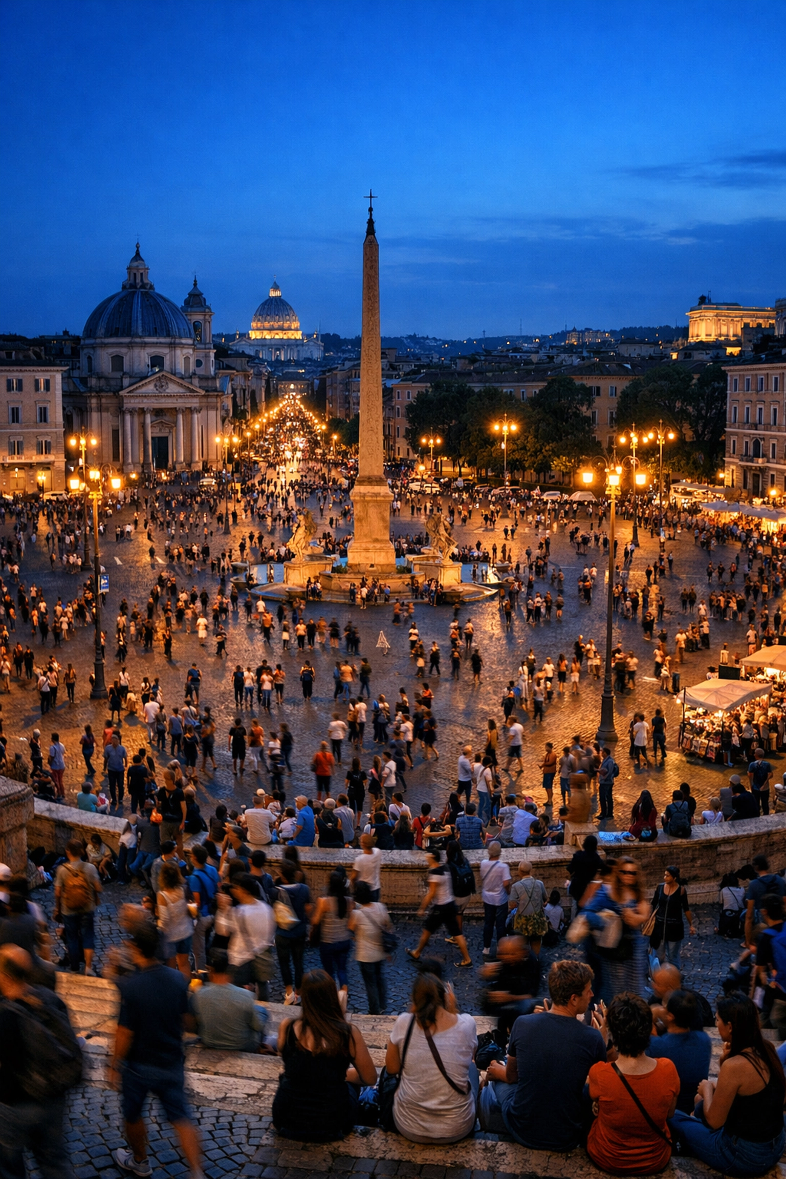 Wide-angle street photography shot of a bustling urban plaza during the blue hour in Rome.