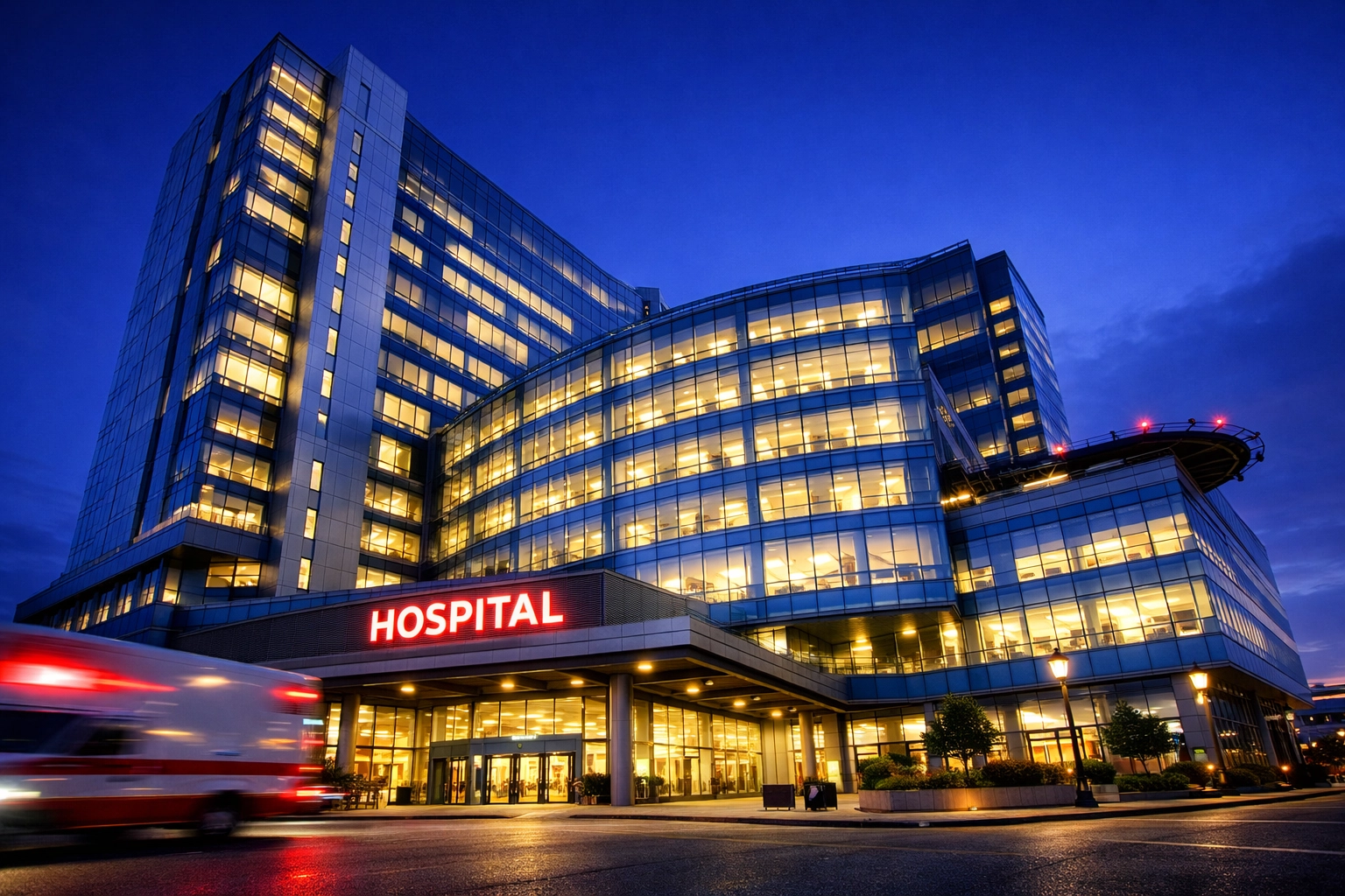 Modern illuminated hospital building symbolizing the resilience of healthcare providers against revenue loss.