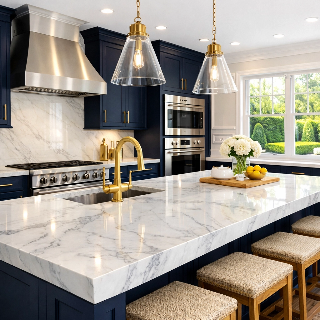 Spotless luxury house cleaning in Hingham featuring a pristine marble kitchen island and navy cabinetry.