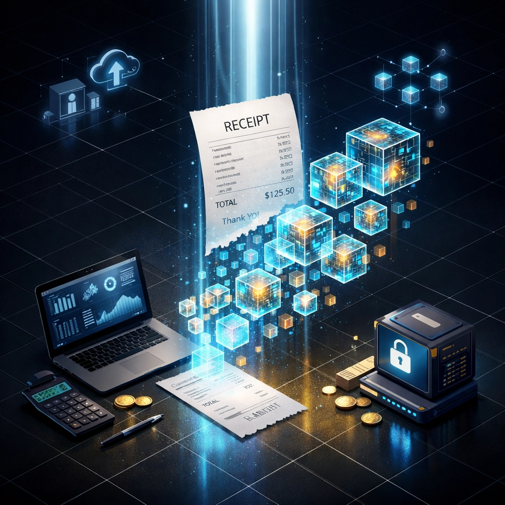 Digital paper receipt transforming into glowing Larecoin receivables tokens for automated Web3 accounting.