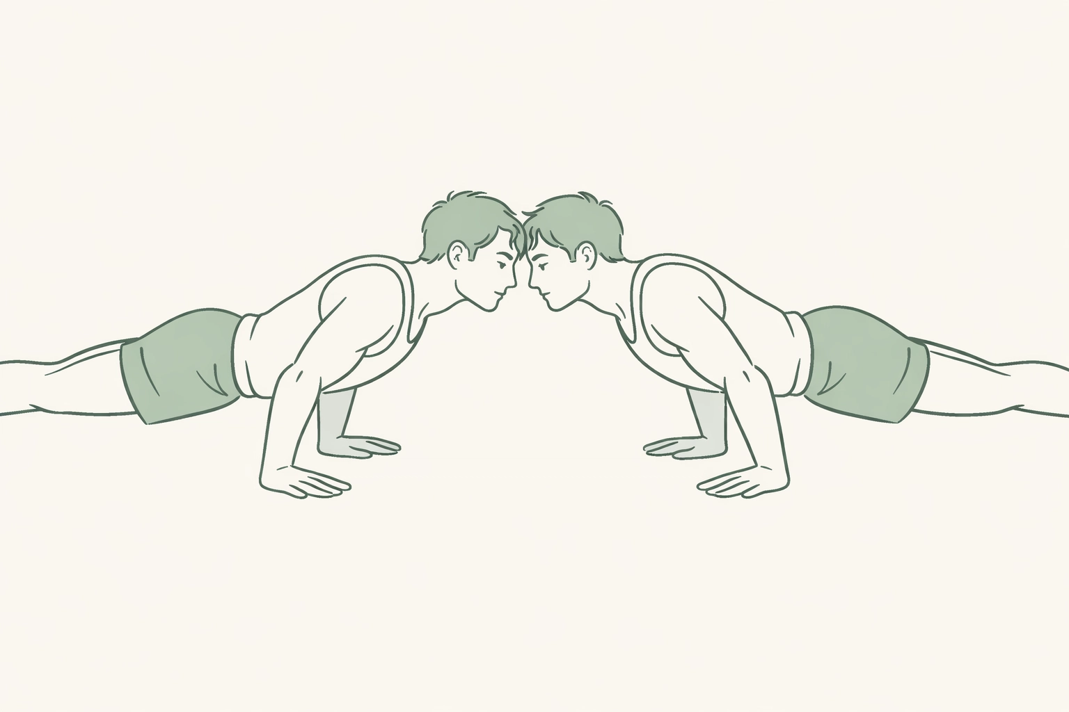 Synchronized male gymnasts in a mirrored pose, highlighting their intense emotional and physical bond.